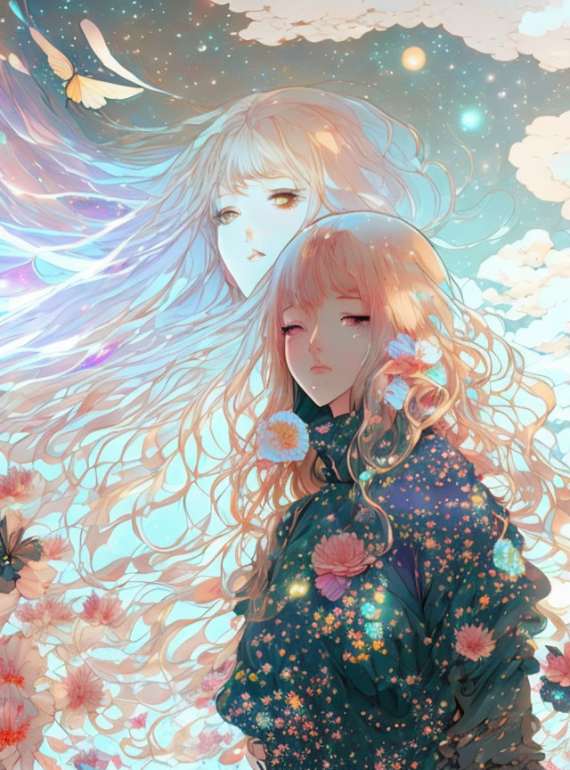 Anime-style characters with flowing hair in blossoms under a starry sky