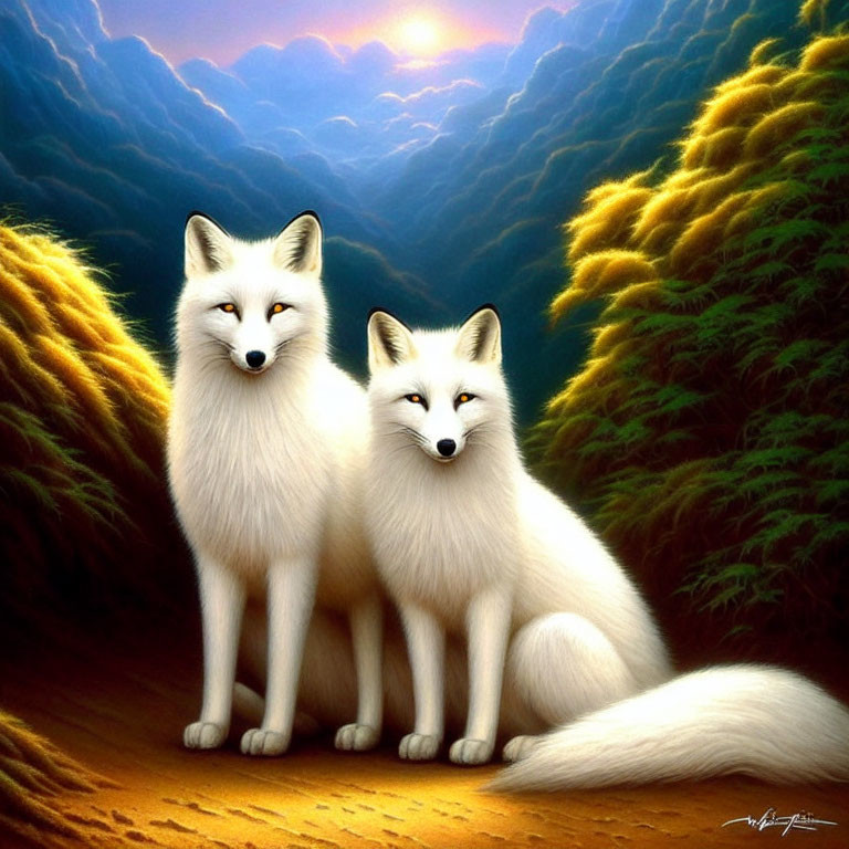 White foxes in serene natural setting at sunset