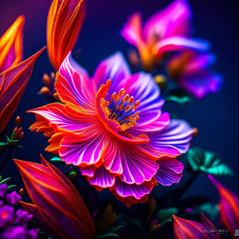 Colorful Pink and Orange Flowers on Dark Blue Background