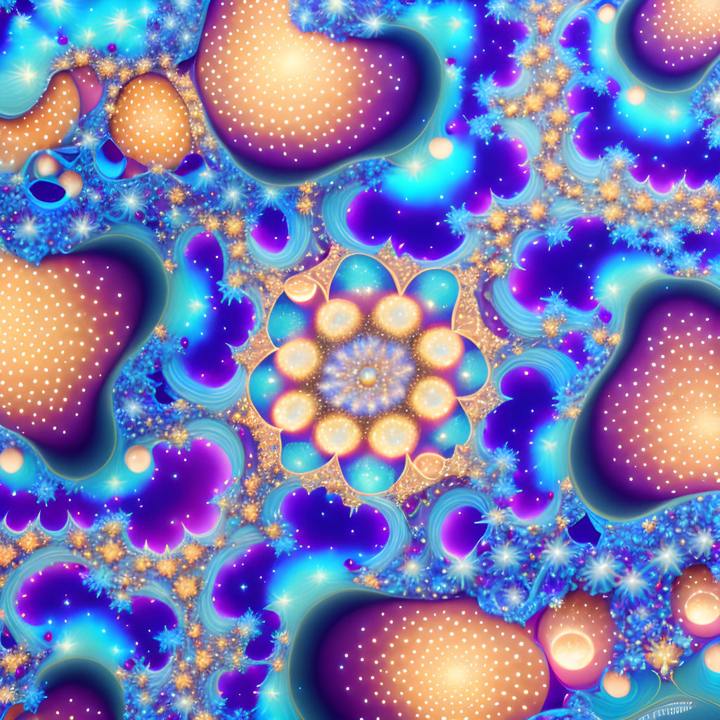 Intricate Blue and Purple Fractal Art with Golden Accents