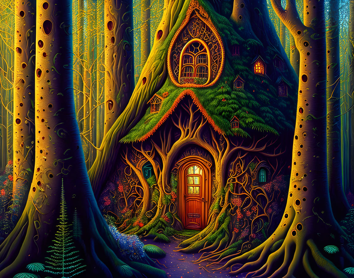 Whimsical treehouse illustration in mystical forest