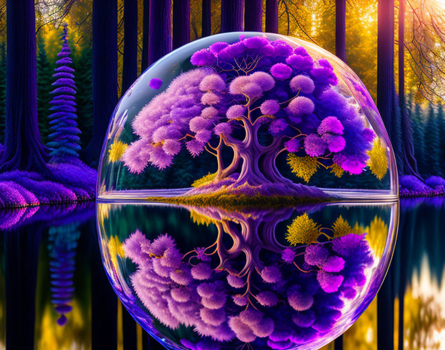 Purple tree in transparent sphere reflecting on water with surreal forest background