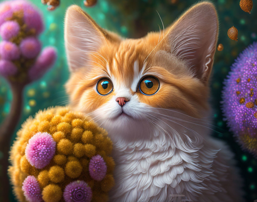 Colorful Fluffy Cat Surrounded by Fantastical Plants