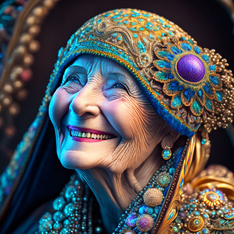 Elderly woman in ornate blue headdress with beads and gems