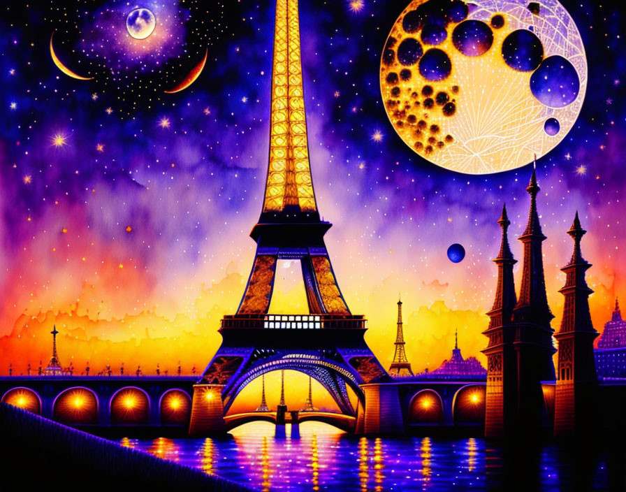 Colorful Eiffel Tower Artwork with Night Sky and City Silhouette