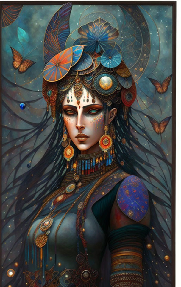 Mystical woman with jewelry and butterflies in night sky