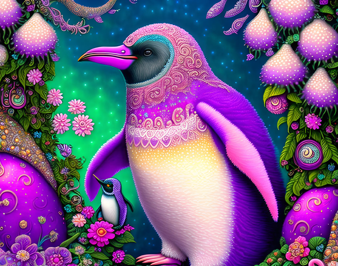 Colorful Illustration of Pink and Purple Penguins in Fantasy Setting