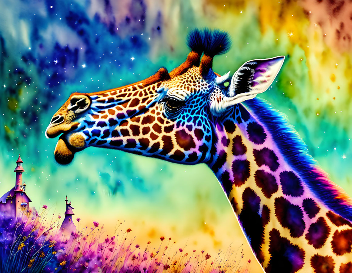 Colorful Giraffe Art with Psychedelic Background and Lighthouse