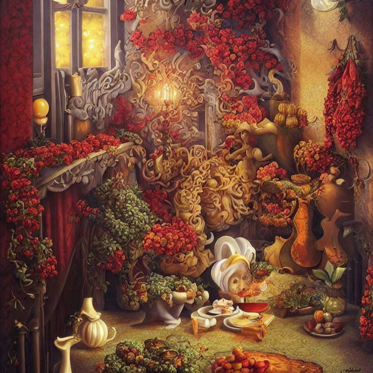 Cozy corner with red berries, golden designs, warm light, and a napping cat.