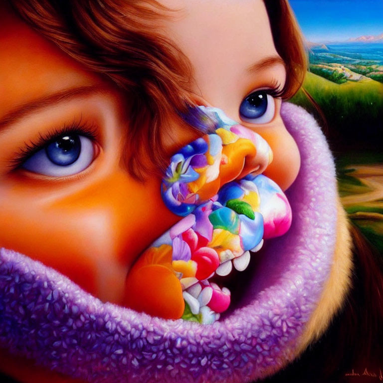 Surreal image of girl with vibrant blue eyes and candy nose