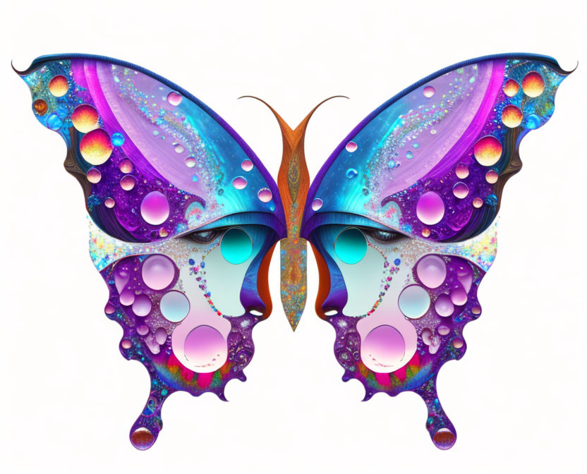 Colorful Butterfly Illustration with Cosmic Motifs and Bubbles