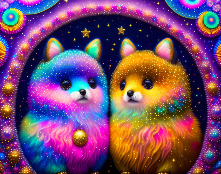 Fluffy Pomeranian-like animals in cosmic scene