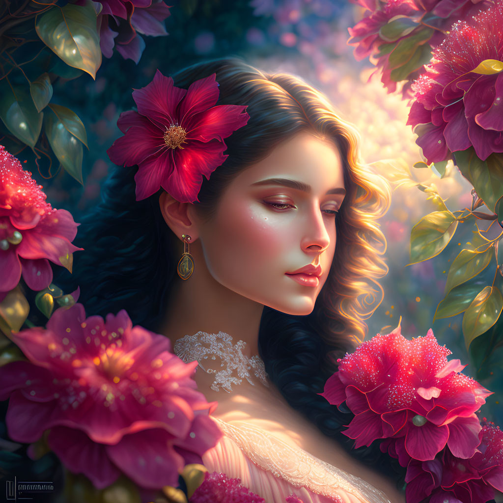 Young woman portrait with floral adornments and lush pink blossoms.