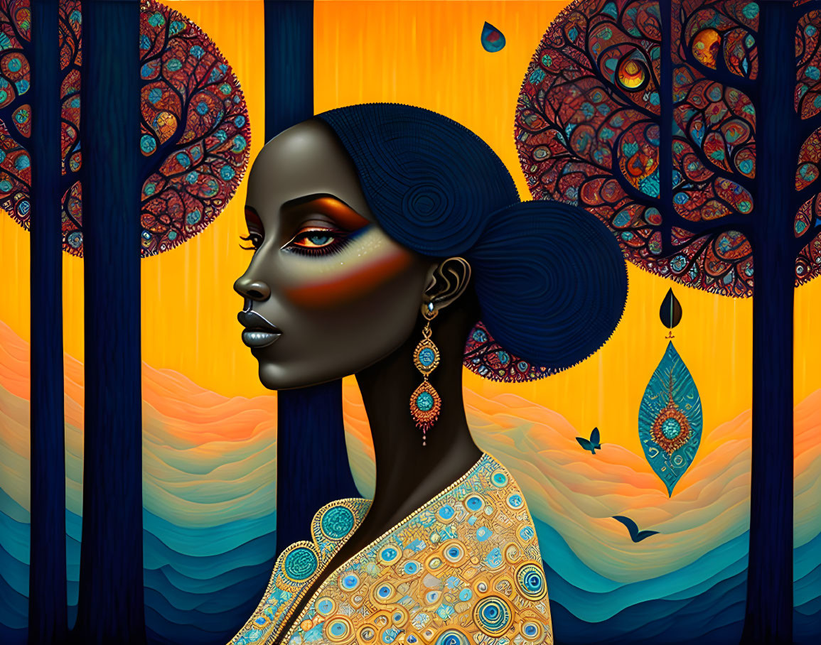 Colorful digital artwork of a stylized woman in surreal landscape