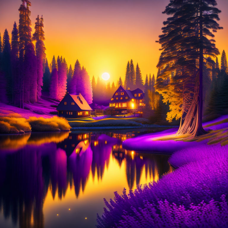 Vibrant purple and orange twilight scene by calm lake with cozy lit-up houses.