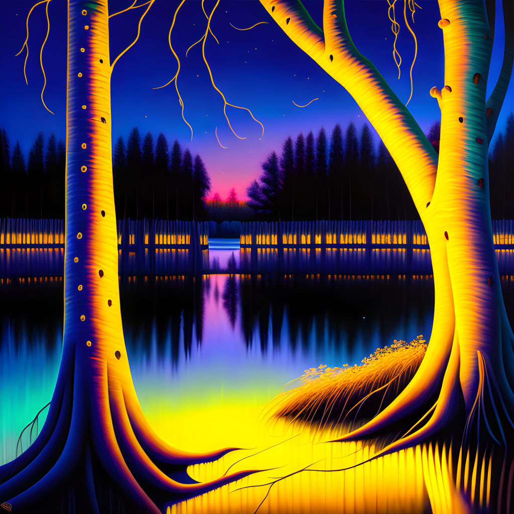 Luminescent trees by reflective lake under twilight sky