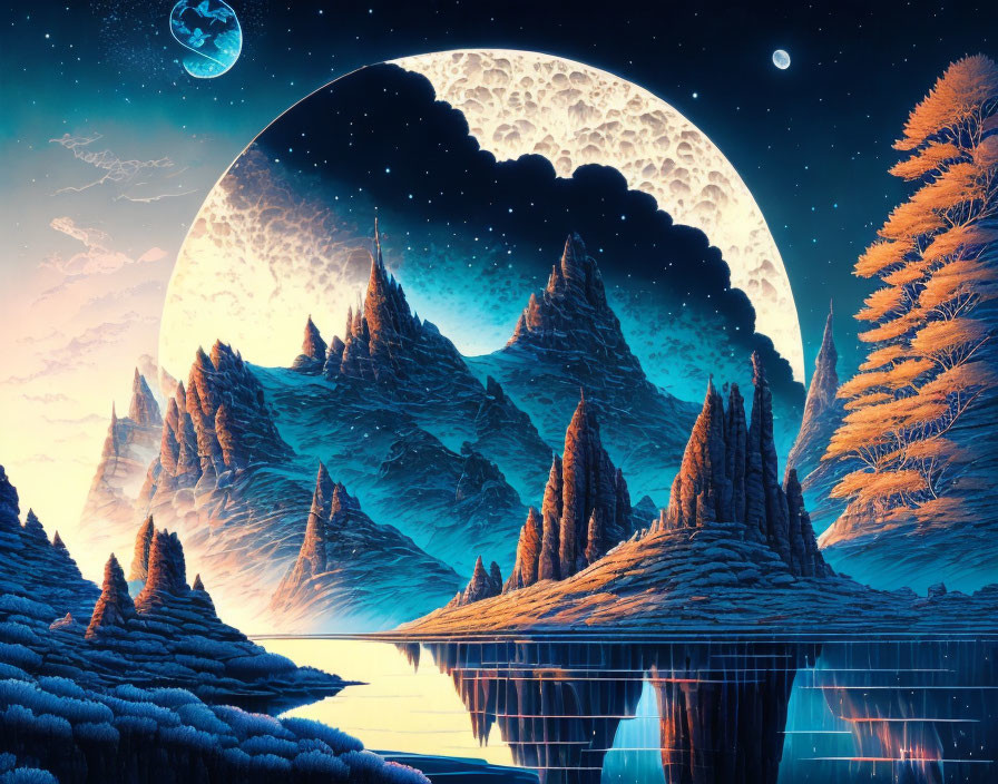 Surreal landscape with towering mountains, massive moon, orange foliage, serene water, and starry