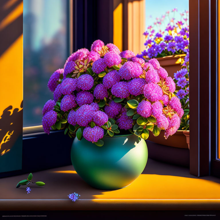 Pink Flower Bouquet in Green Vase on Sunny Windowsill