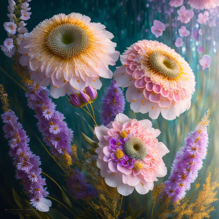 Detailed digital artwork: Ethereal flowers underwater with intricate petals, bubbles, soft lighting