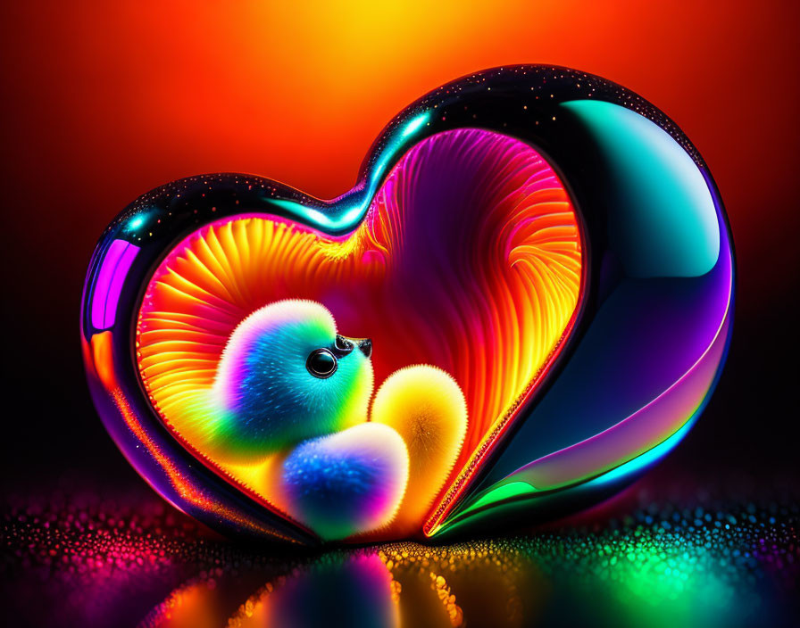 Colorful digital artwork of glossy heart with neon gradients and fluffy creature inside against multicolored backdrop