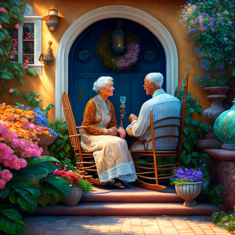 Elderly couple conversing on porch with vibrant flowers and blue door