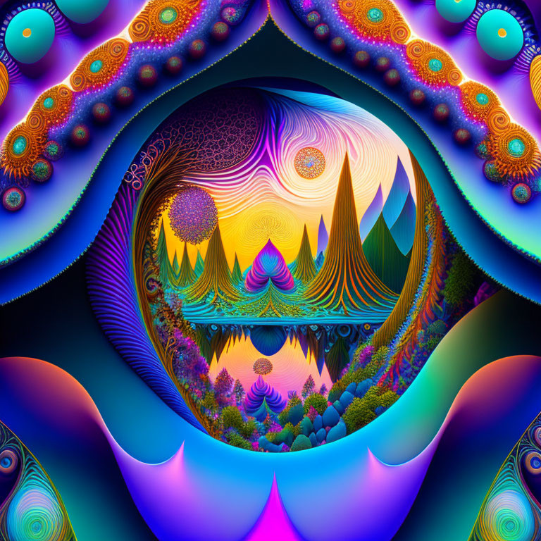 Colorful Psychedelic Digital Artwork with Swirling Patterns and Cosmic Landscape