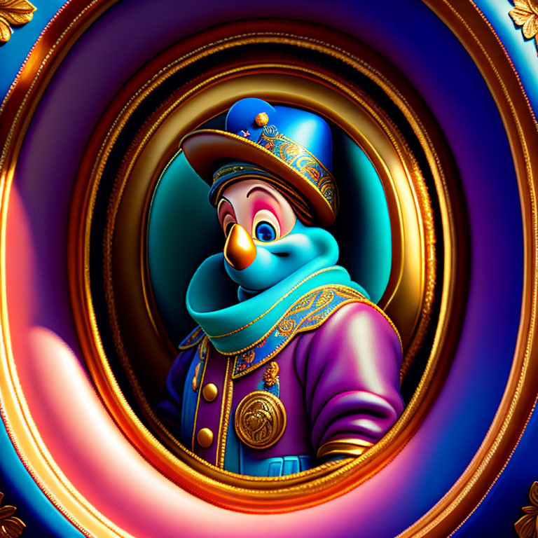 Colorful Toy Soldier Character Illustration in Blue Hat and Scarf within Circular Frame