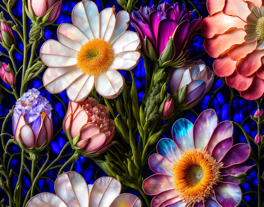 Colorful Array of Flowers in White, Pink, Purple, and Orange on Blue Background