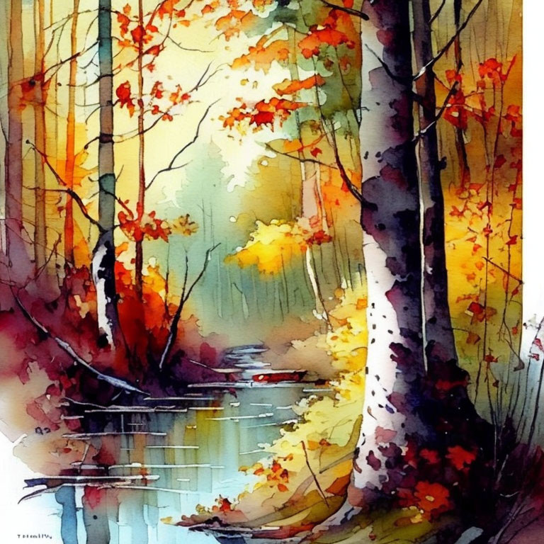 Colorful Watercolor Painting: Autumn Forest Stream & Light Effects