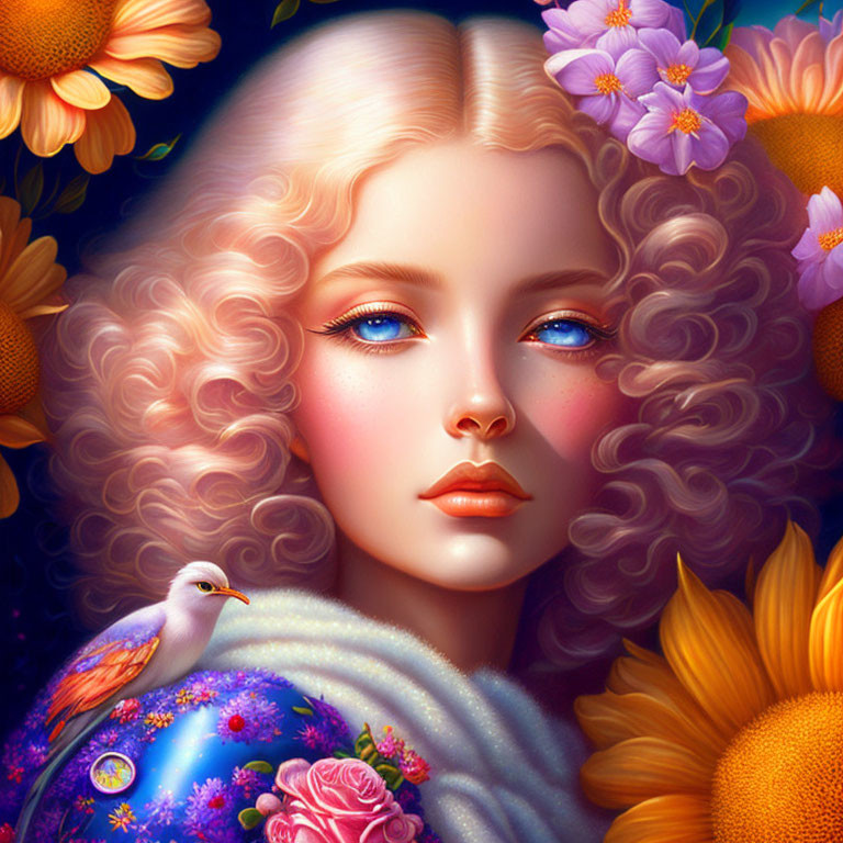 Illustrated portrait of figure with curly blonde hair, blue eyes, flowers, and bird