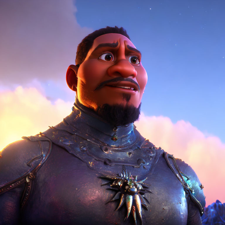 Bearded animated character in armor gazes at sunset sky