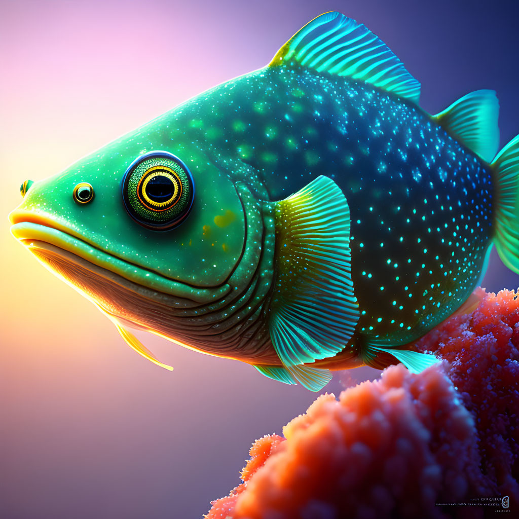 Detailed digital illustration of vibrant green fish with yellow spots and intricate fin patterns against colorful background