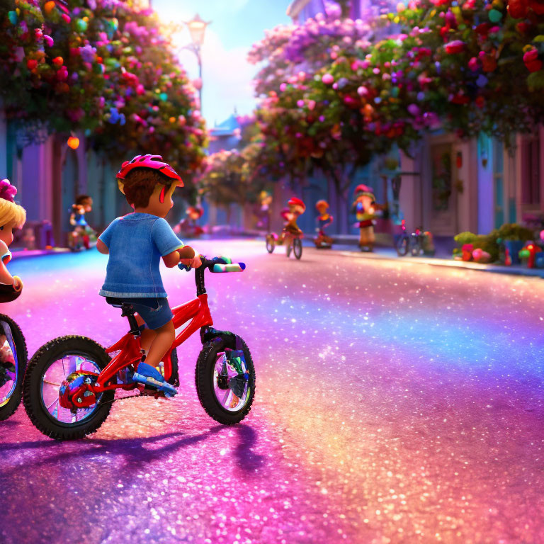 Vibrant animated scene: Children biking on magical, glowing street