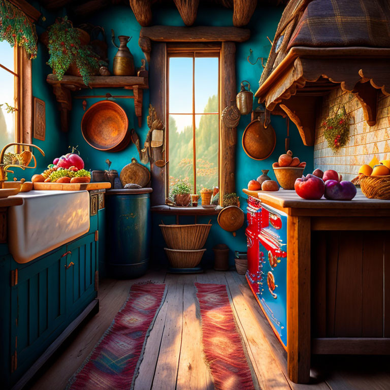 Warm Sunlit Rustic Kitchen with Wooden Furniture & Fresh Fruits