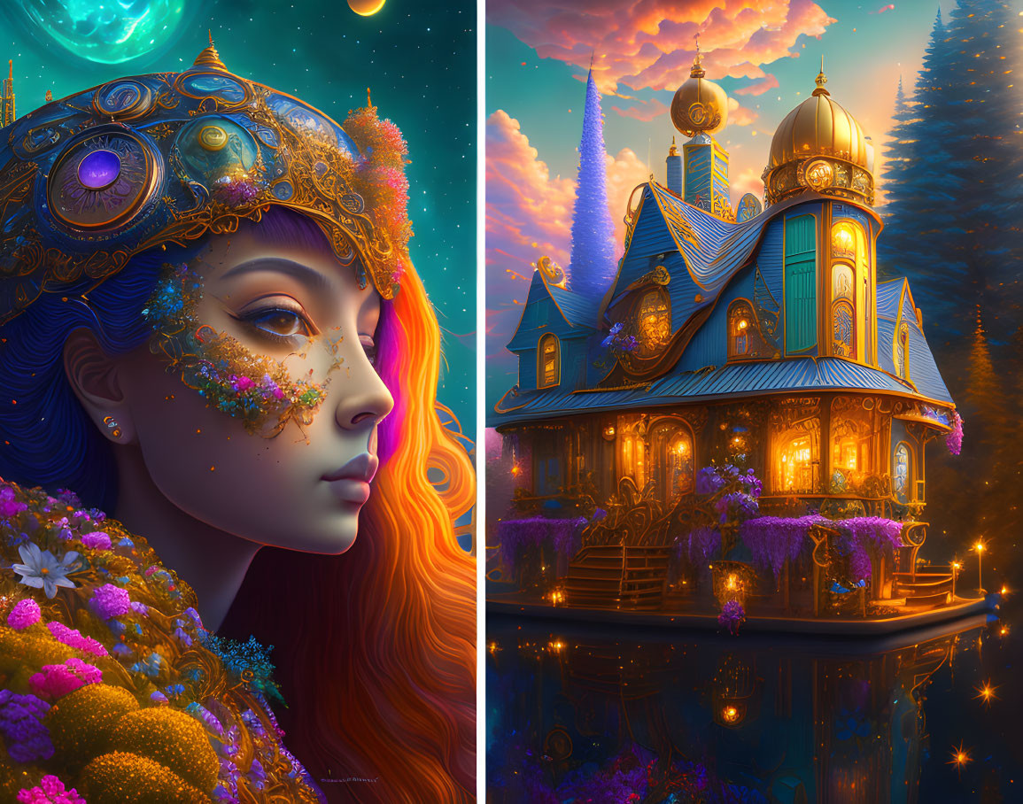 Split Image: Woman Portrait with Floral Adornments & Fairytale House by Lake