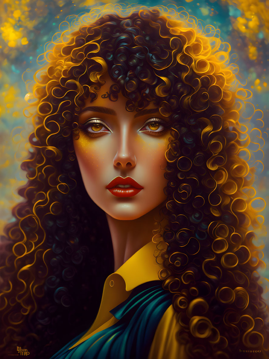 Voluminous curly hair and golden-yellow highlights on a woman's portrait