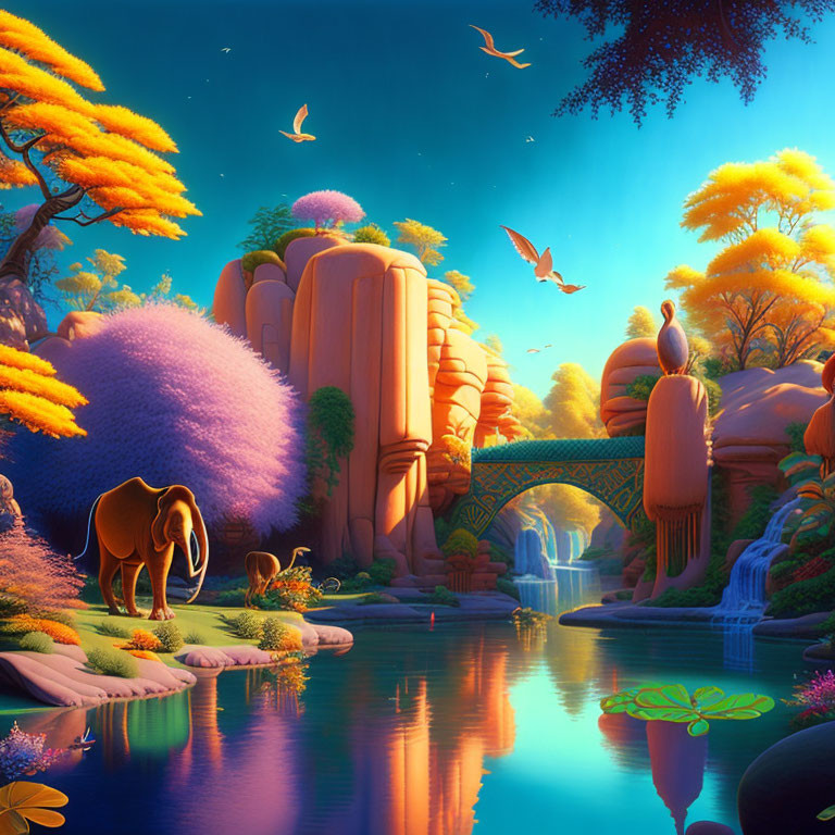 Colorful Fantasy Landscape with Elephant, River, Trees, Bridge, Waterfalls, and Birds