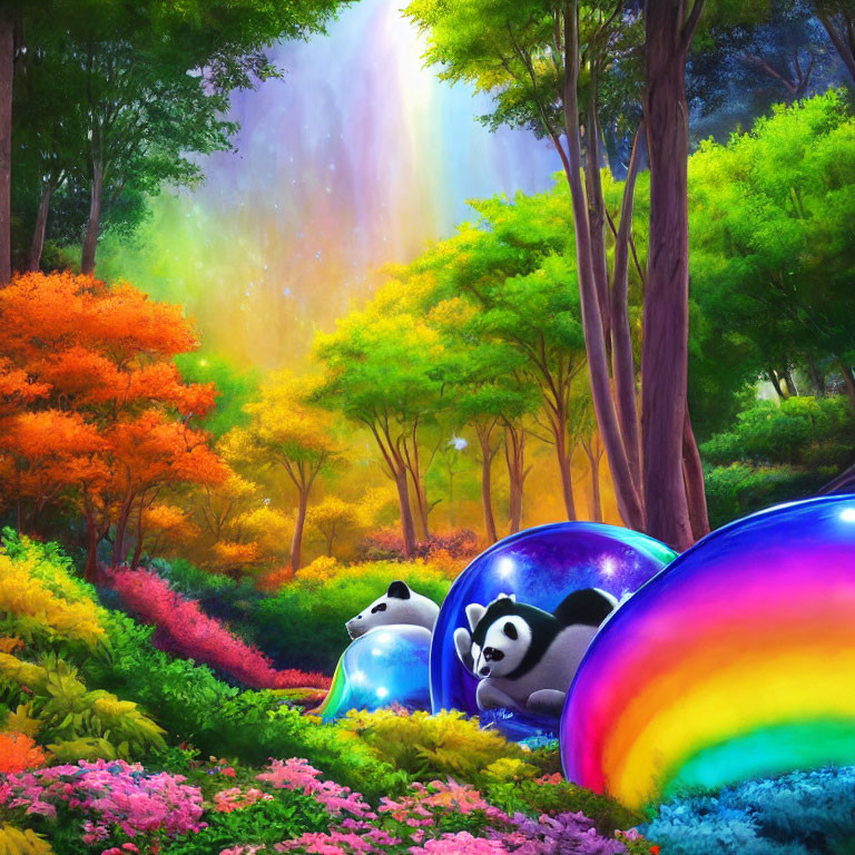 Colorful Forest with Pandas and Rainbow Light Beams