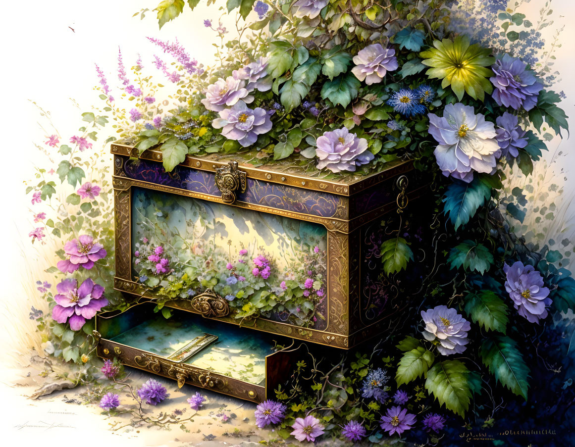 Vintage Chest Surrounded by Flowers and Foliage with Book - Whimsical Nostalgia