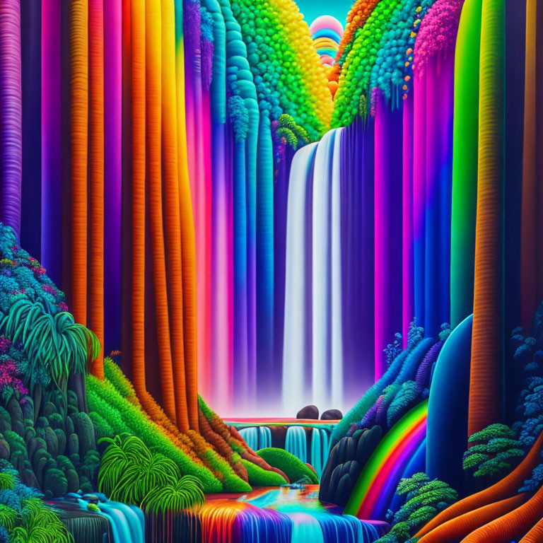 Multicolored waterfall in vibrant fantasy landscape