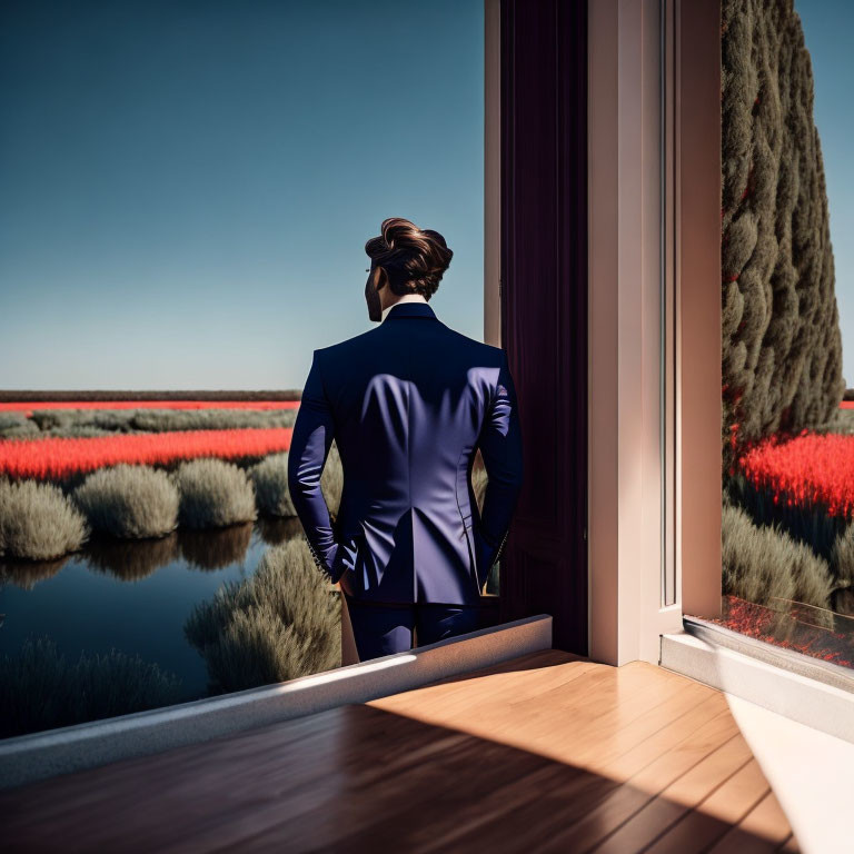 Person in Blue Suit Gazes at Scenic View of Red Flowers and Greenery