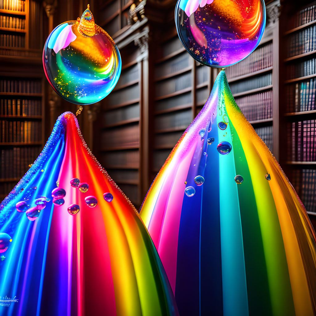 Colorful digital artwork: Two conical structures and rainbow spheres in library setting