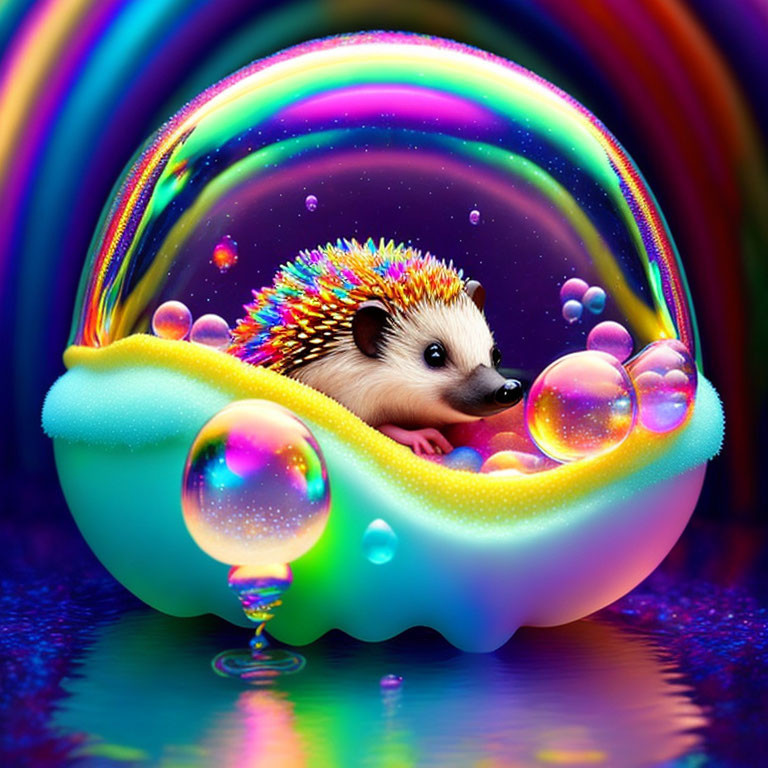 Vibrant hedgehog illustration in neon bubble sphere on rainbow surface