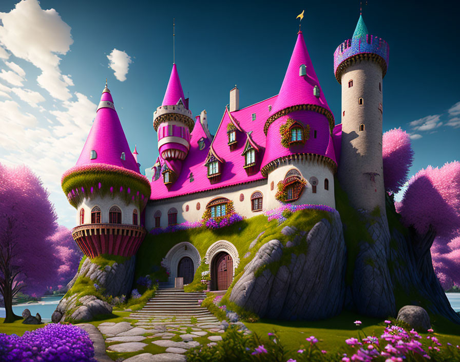 Colorful fairytale castle on lush hill with lake view