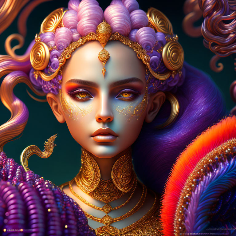 Fantasy figure with purple hair, golden jewelry, ornate headpiece