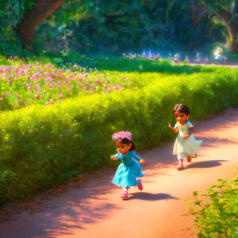 Two animated girls in sunlit forest path with flowers and tiny creatures.