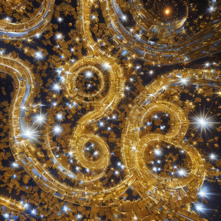 Intricate golden spirals and star-like points in digital fractal image