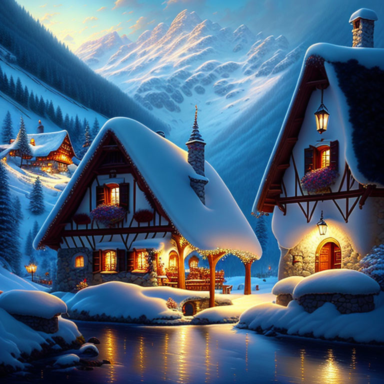 Winter scene: Snow-covered cottages by frozen river at twilight