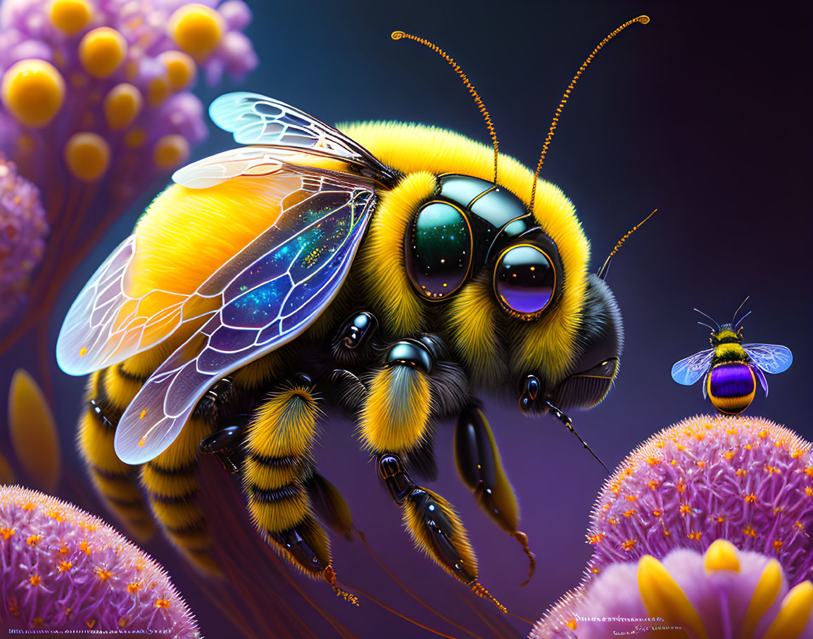 Colorful digital illustration of iridescent bee on purple flowers