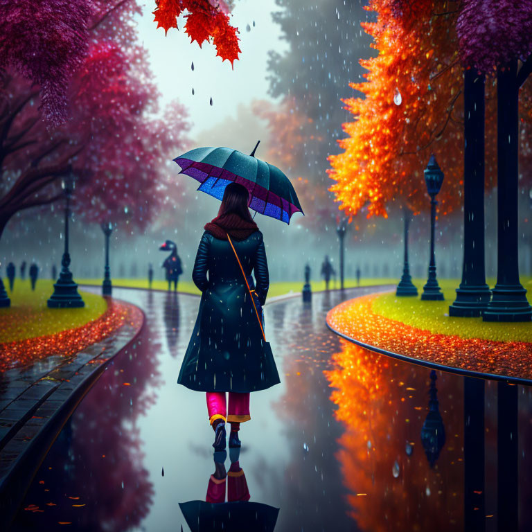 Autumn Scene: Person with Striped Umbrella by Rainy Path